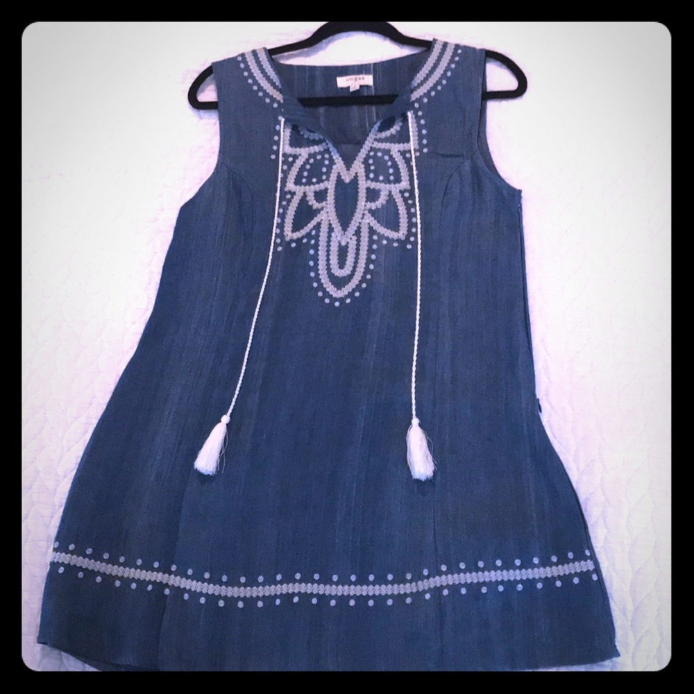 Cute chambray embroidered sleeveless dress